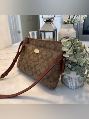 Coach Brown Signature Canvas Crossbody with Leather Trim